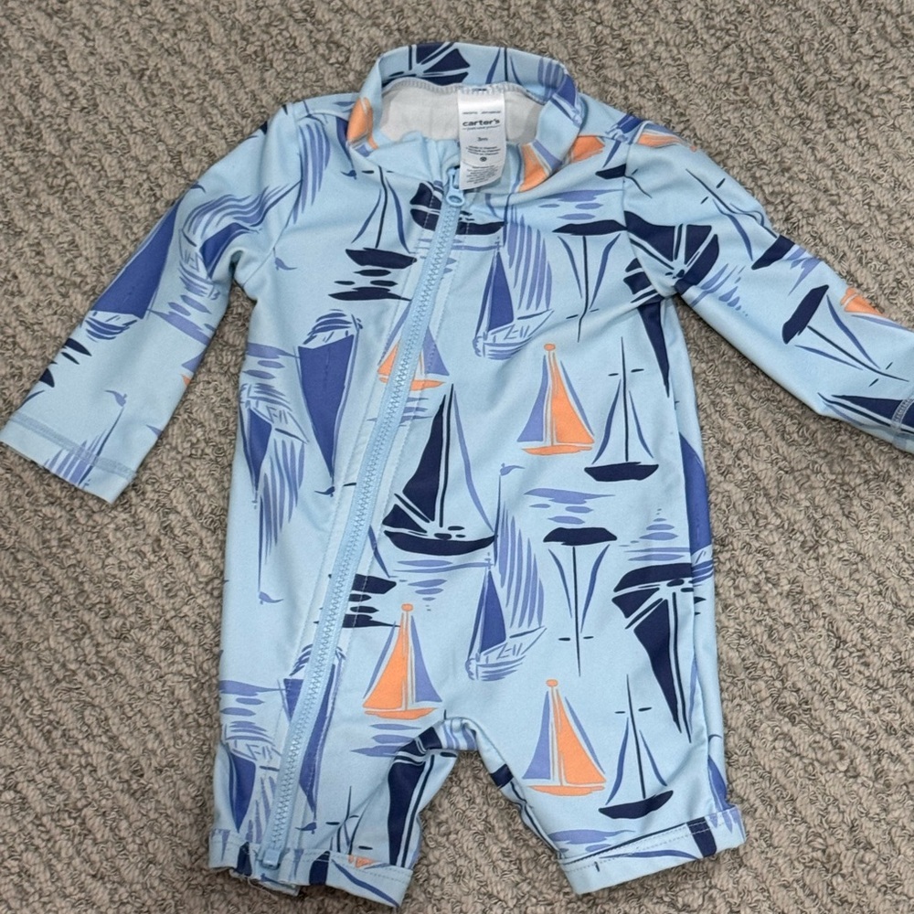 Carter's Blue Sailboat Rash Guard One-Piece with Orange and Navy Accents NWOT